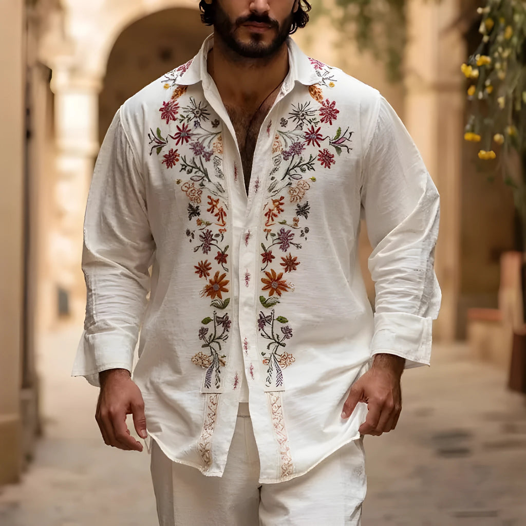 Man wearing a retro-style 3D printed long sleeve cardigan in a bamboo linen fabric.