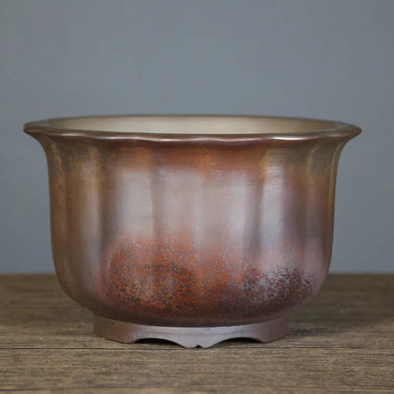 Large purple sand ceramic flowerpot with antique carved wood burning design for indoor bonsai.