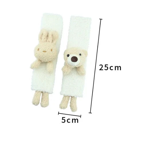 Cartoon plush lamb's wool shoulder protector for car seat belt in rabbit and bear designs.