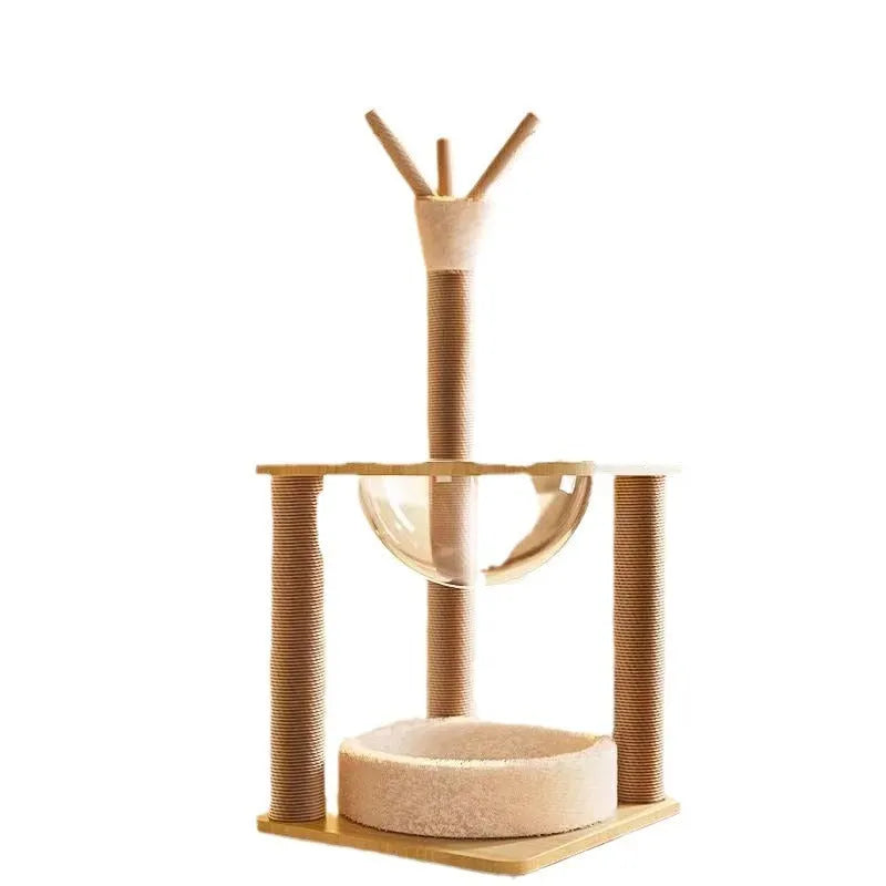Wooden cat climbing frame with integrated space capsule and multiple climbing levels
