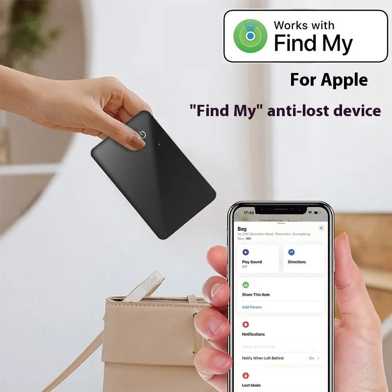 Black card-shaped pet tracking device with wireless charging and NFC capabilities