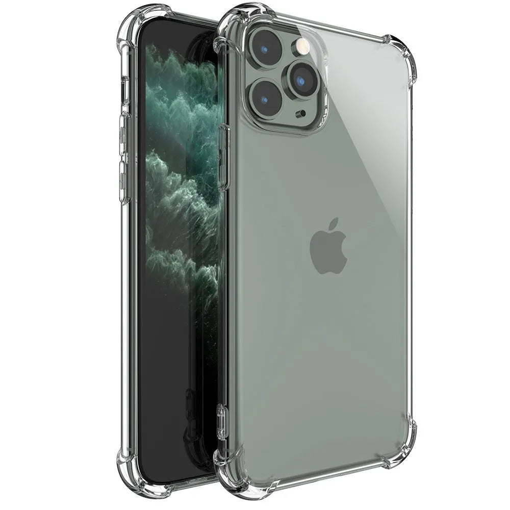 Transparent shockproof TPU phone case for Apple iPhone, shown on a table.