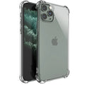 Transparent shockproof TPU phone case for Apple iPhone, shown on a table.