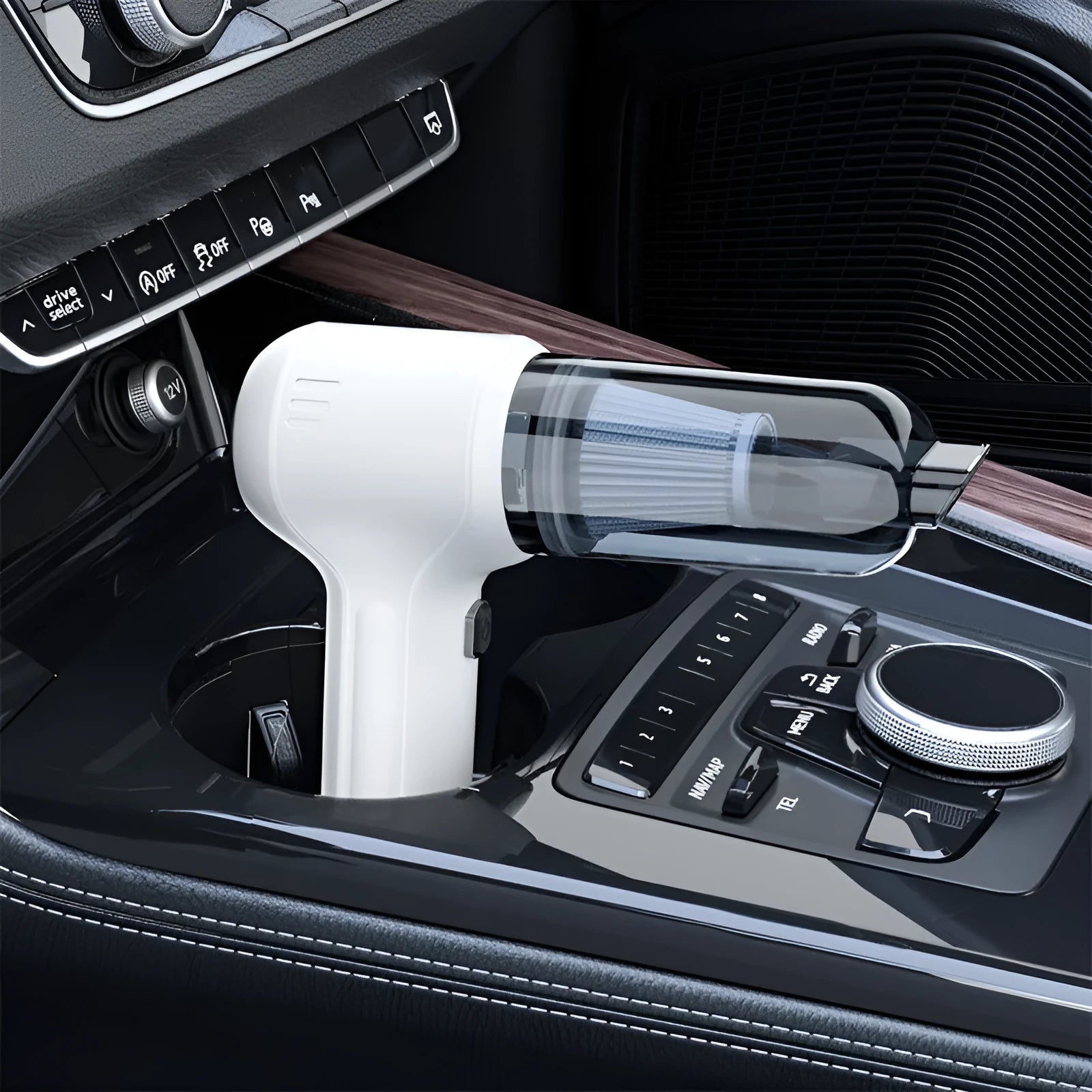 Black cordless car vacuum cleaner with multiple nozzle attachments on a car seat.