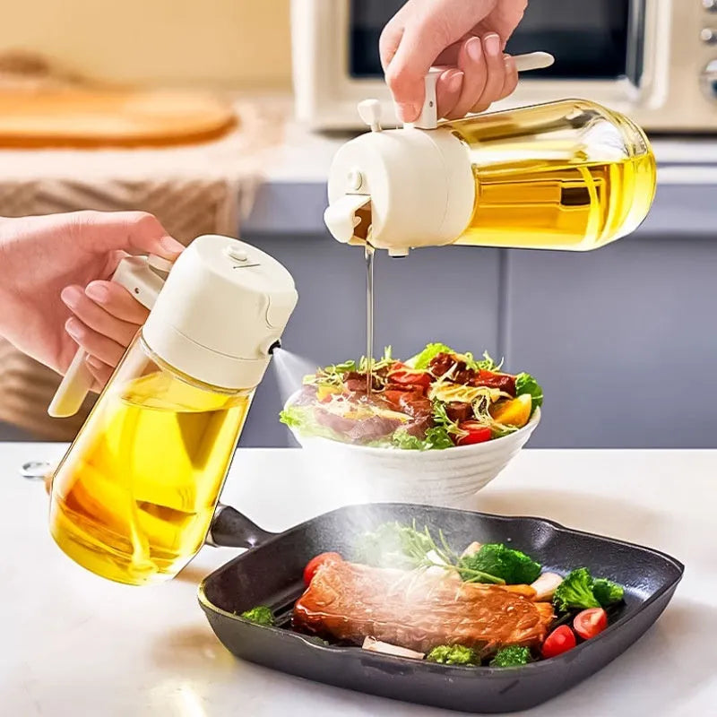 Glass oil sprayer and pour dispenser bottle in beige, yellow, green, or black with ergonomic handle.