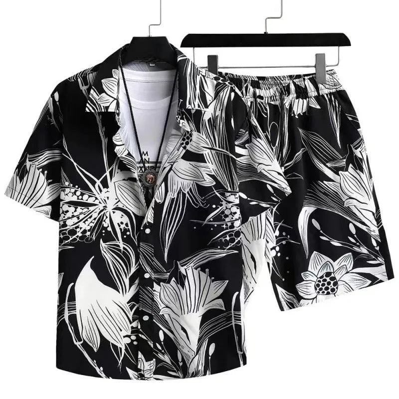 Man wearing a digital print cardigan and matching shorts from a men's casual polyester suit set.