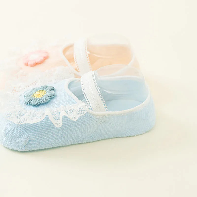 Summer thin cotton baby socks non-slip toddler ankle socks in light blue milky white, light green light pink, light yellow milk powder, 2 pairs boxed.
