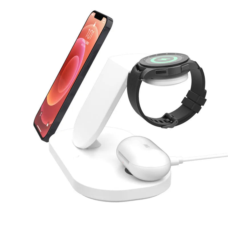 Black three in one wireless charging stand with USB interface, 12V input and output, 2000mA charging current