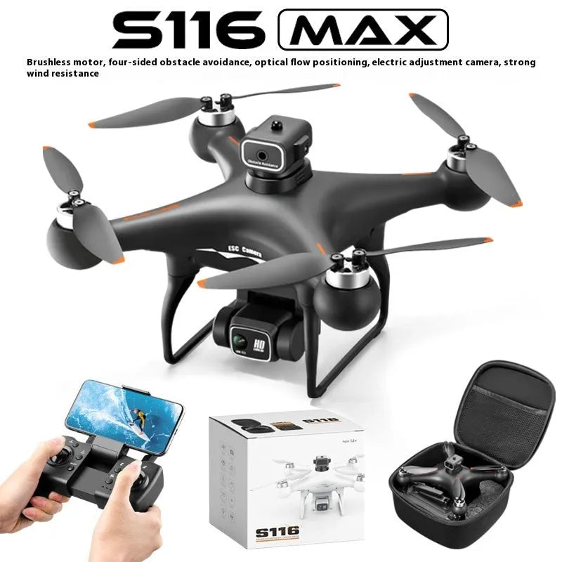 Black brushless UAV toy drone with four-side obstacle avoidance and a camera, remote controller beside it.