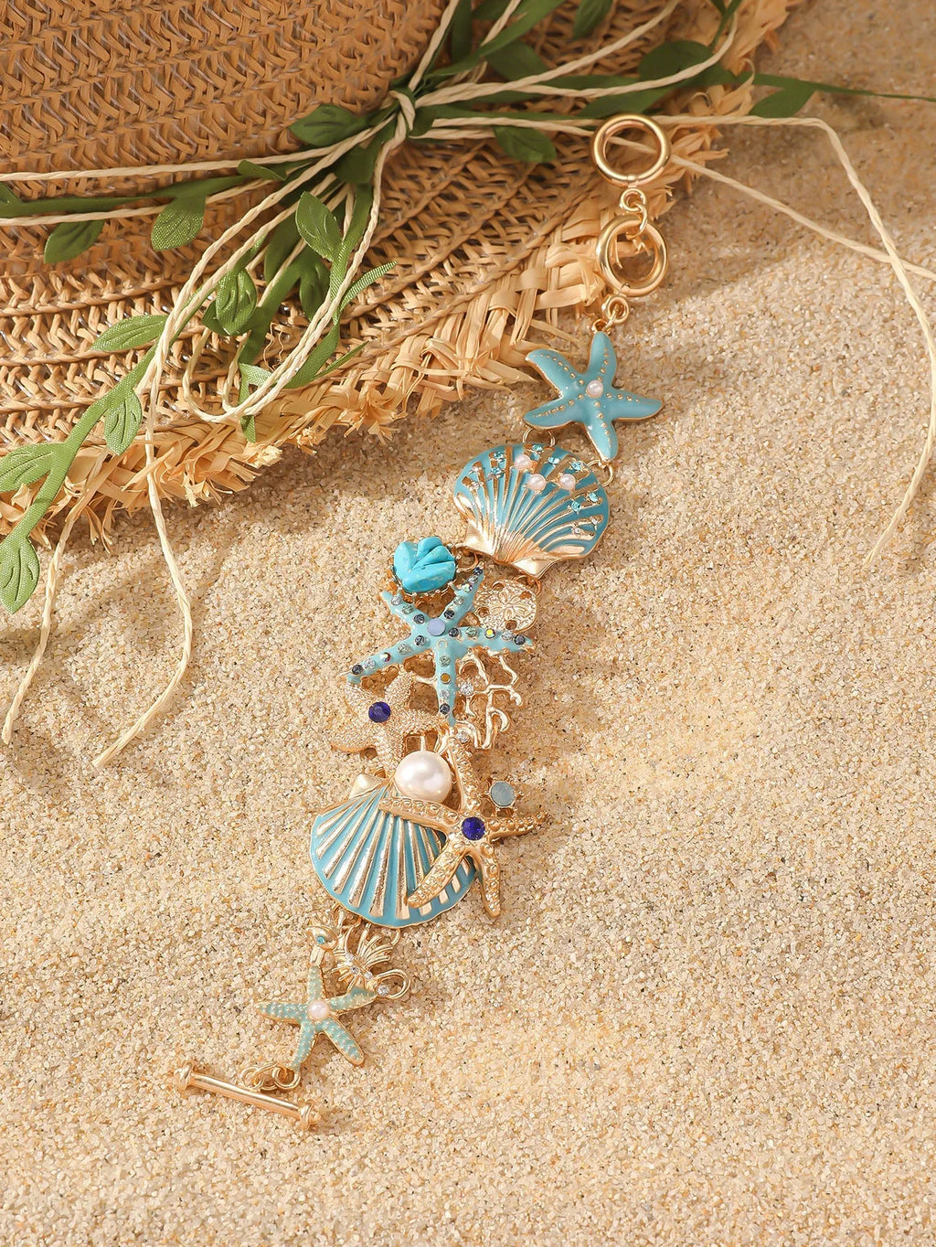 Alloy boat anchor and starfish bracelet for women in turquoise, red, or blue.
