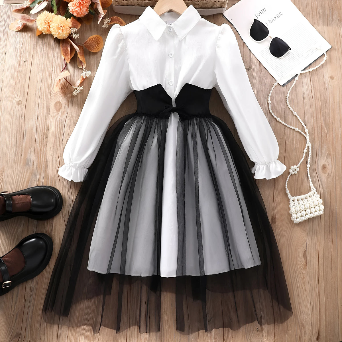 Girls mesh stitching dress in solid colour polyester, available in black and brown for heights 8Y to 12Y