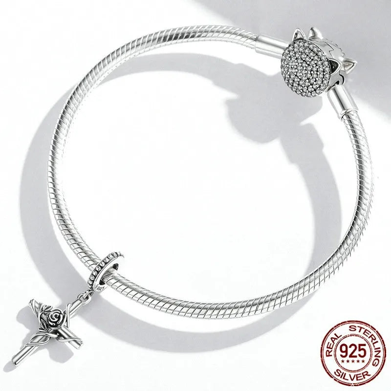 Rose cross pendant S925 silver vintage faith bead 1.3g 2.7x1.3cm electroplated