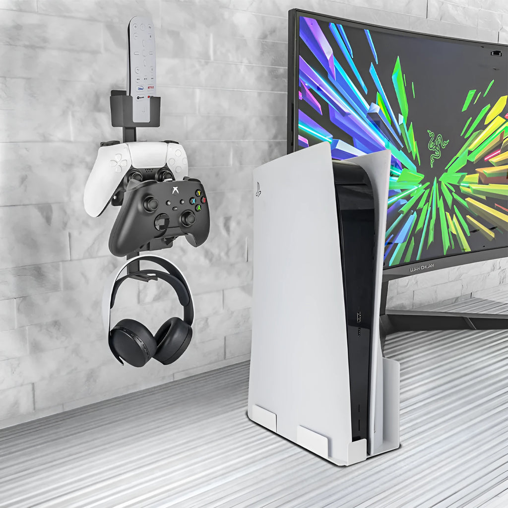 Wall-mounted white ABS plastic hook holding PS5 controller and gaming headset
