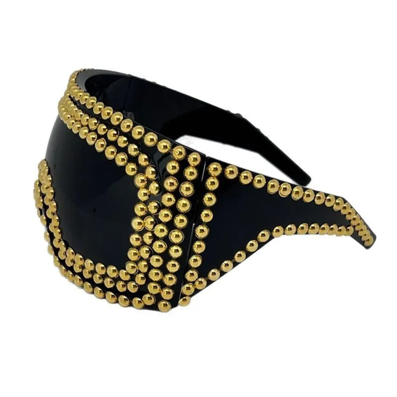 Men's punk-style sunglasses with a large square frame, rivet details, in silver or gold colour.