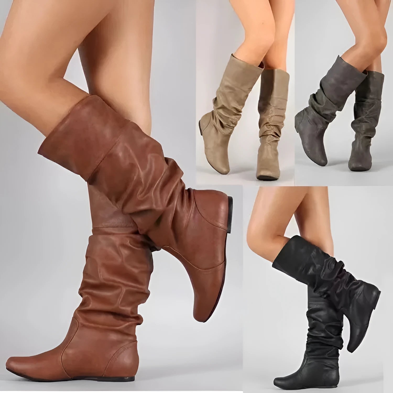 Women's black slip-on flat ankle boots with a round toe and high cylinder shaft.