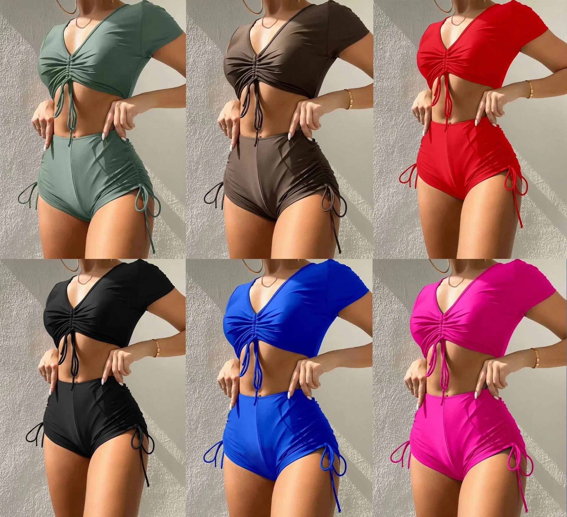 Women's dark green lace-up bow swimsuit top with matching shorts laid flat