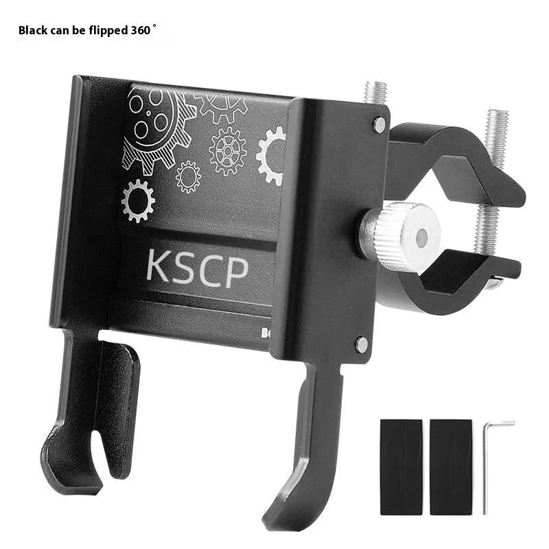 Aluminium alloy mobile phone holder mounted on a bicycle handlebar.
