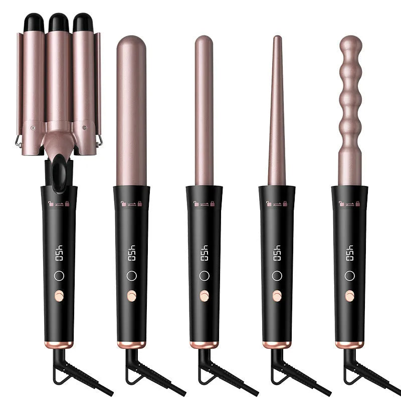 Rose gold negative ion hair curler with five interchangeable curling tubes and LCD display