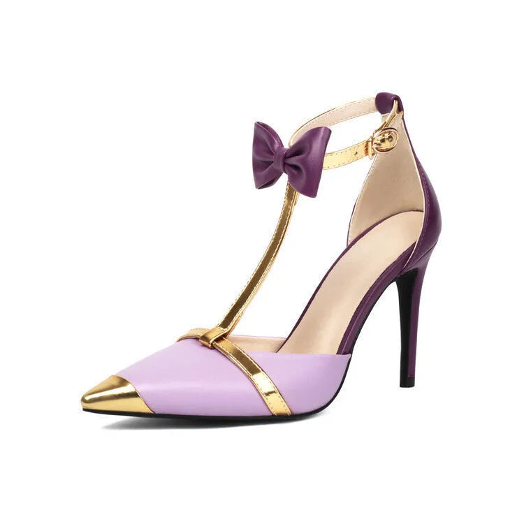 Plus size women's closed toe high heel sandals with buckle fastening in purple and white colours