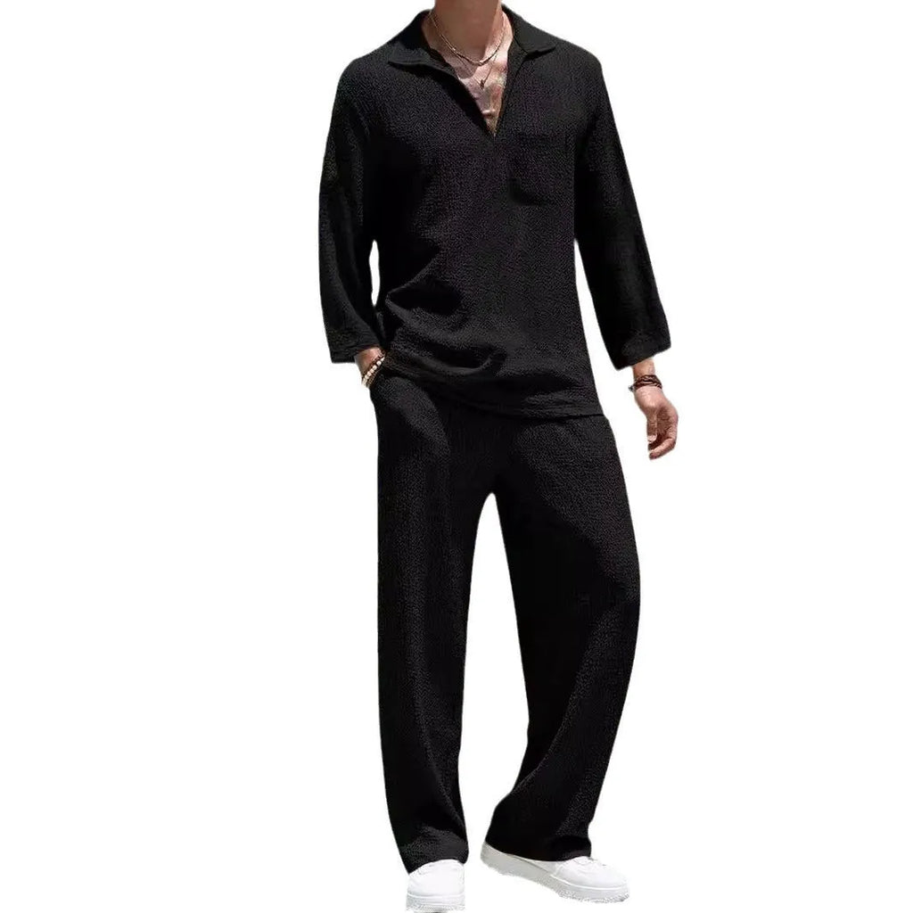 Men's casual shirt and trousers suit in polyester, shown in lake blue, khaki, black, and caramel colour options.