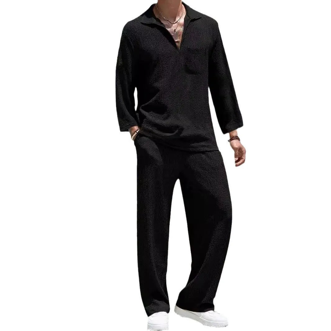 Men's casual shirt and trousers suit in polyester, shown in lake blue, khaki, black, and caramel colour options.