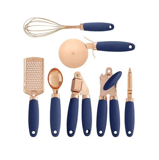 Seven-piece stainless steel kitchen tool set with rose gold finish and copper plating elements