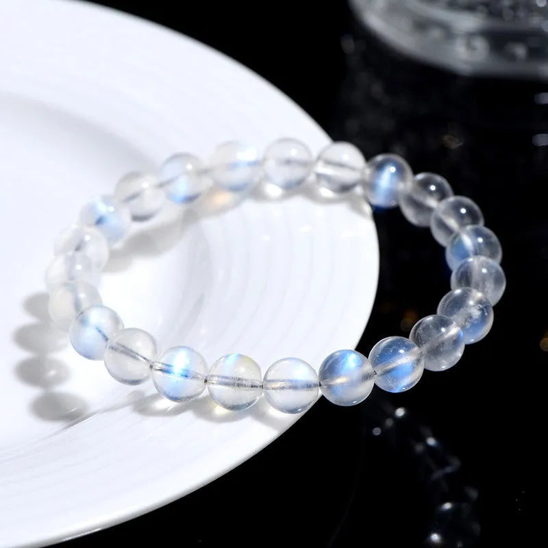 Natural cream crystal Blue Moonlight bracelet with various bead size options on a wrist.