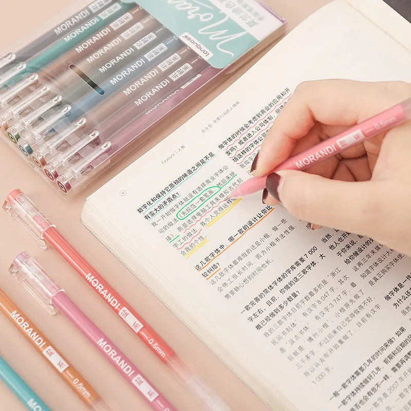 Set of nine retro-style gel pens with 0.5mm needle tips in assorted colours on a 15.2cm by 8.5cm card.