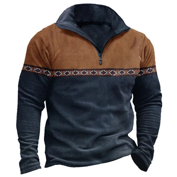 Retro patchwork pattern polo shirt with zipper sweater styling in cotton-blend fabric