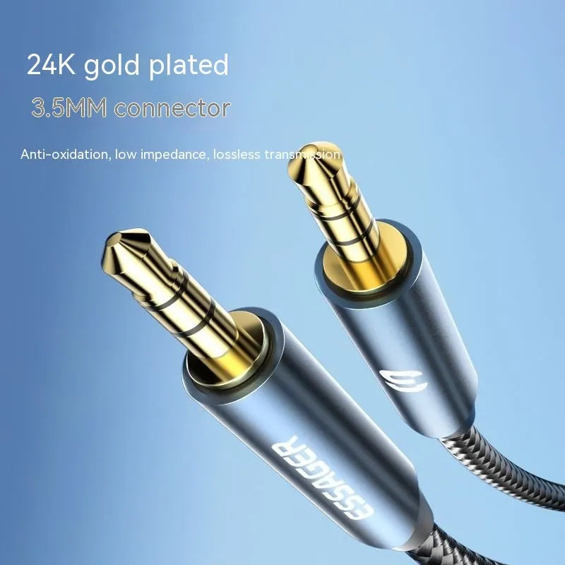 Dark grey 3.5mm public-to-public audio cable with gold-plated connectors for cellphone and vehicle sound equipment