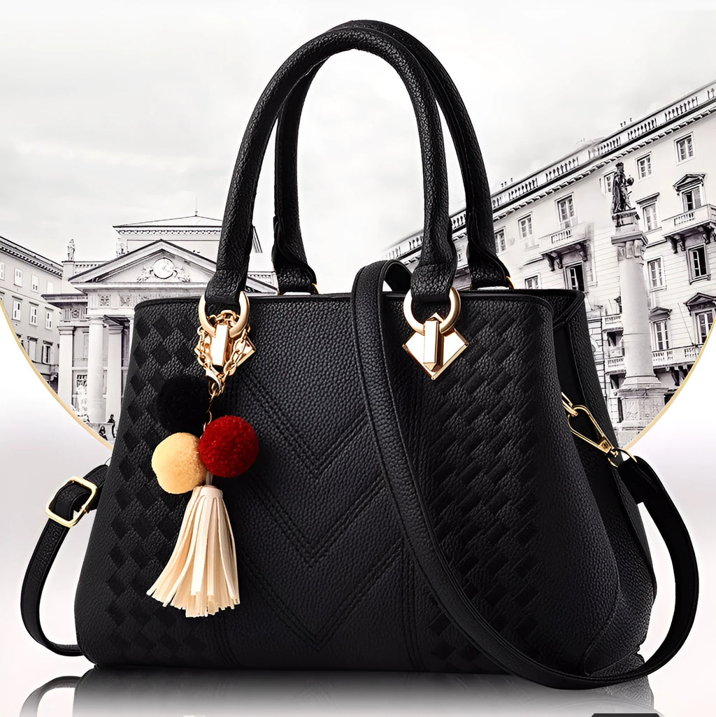 Ladies handbag in PU leather with zipper closure, available in multiple colours, shown as a crossbody style with internal compartments