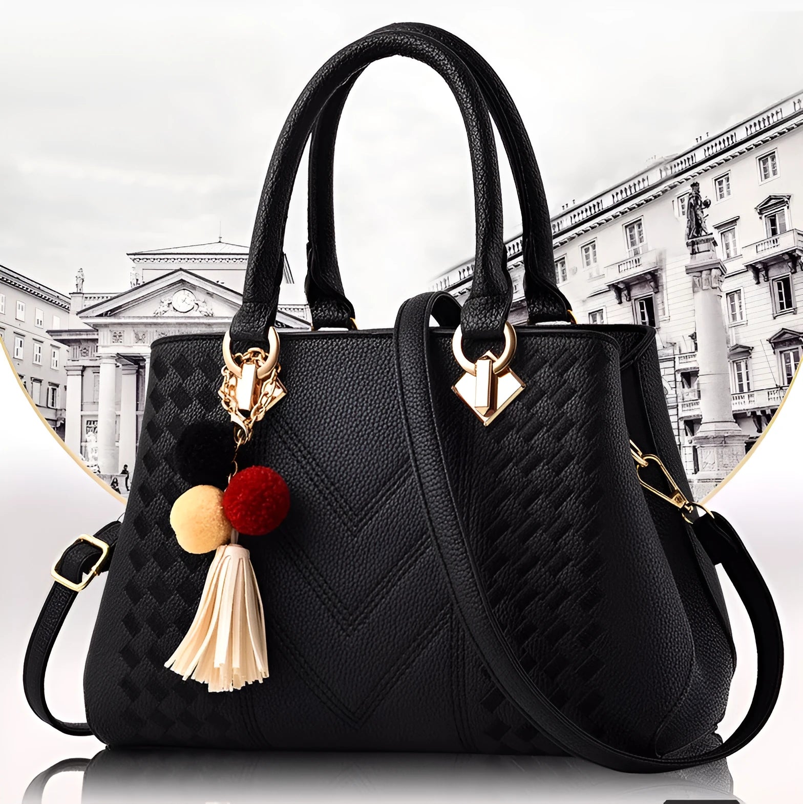 Ladies handbag in PU leather with zipper closure, available in multiple colours, shown as a crossbody style with internal compartments