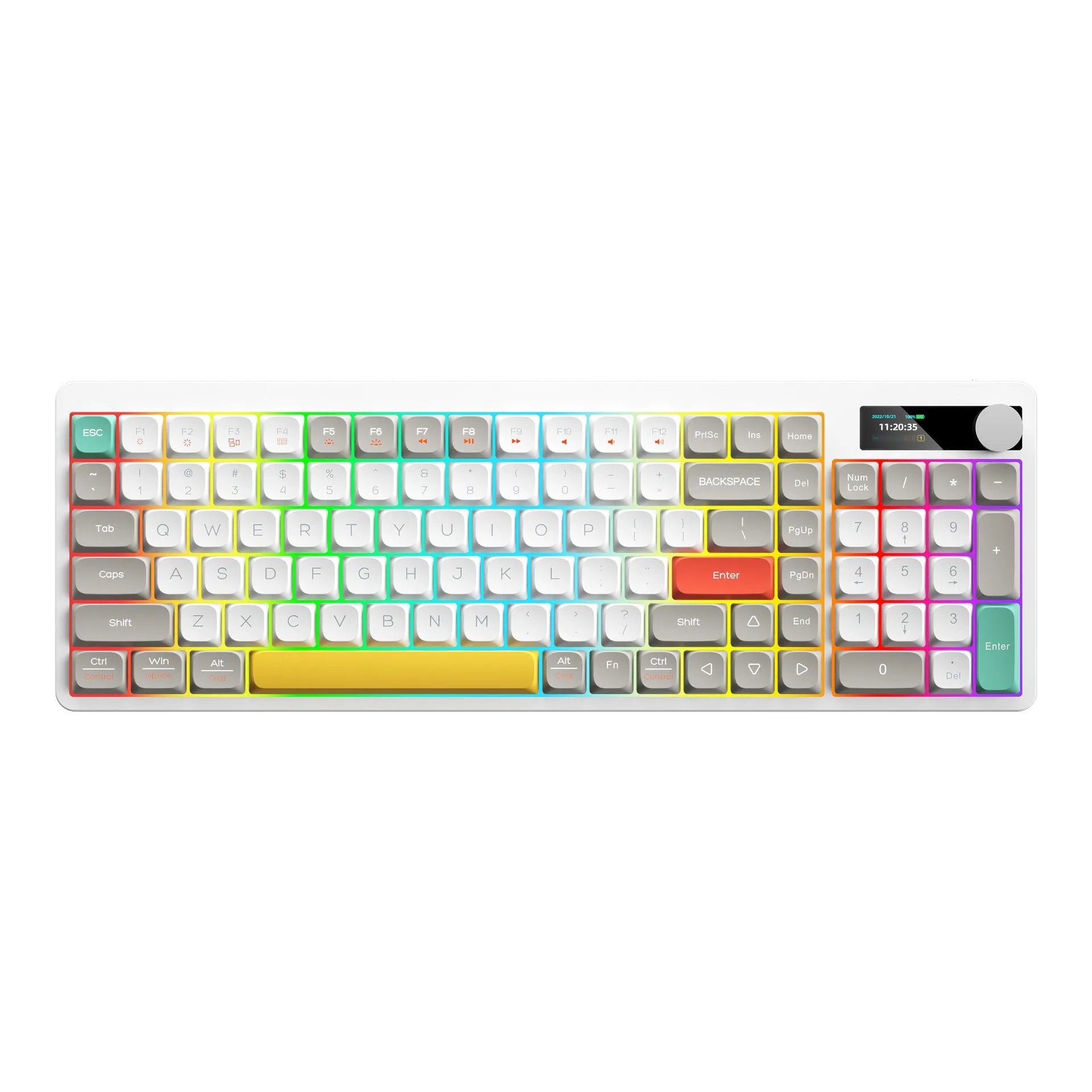 Black iron case mechanical keyboard with RGB backlight and full key layout on a desk.