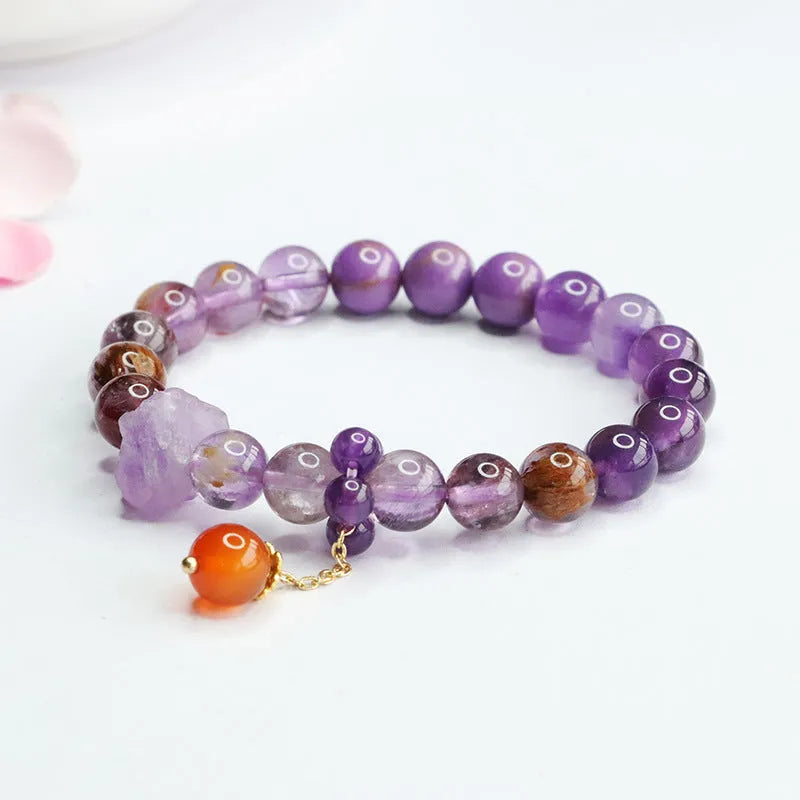 Natural nine purple amethyst and red agate crystal bracelet with 8mm beads