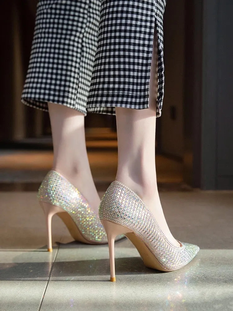 Women's black diamond bird banquet pumps with pointed stiletto heel and PU upper
