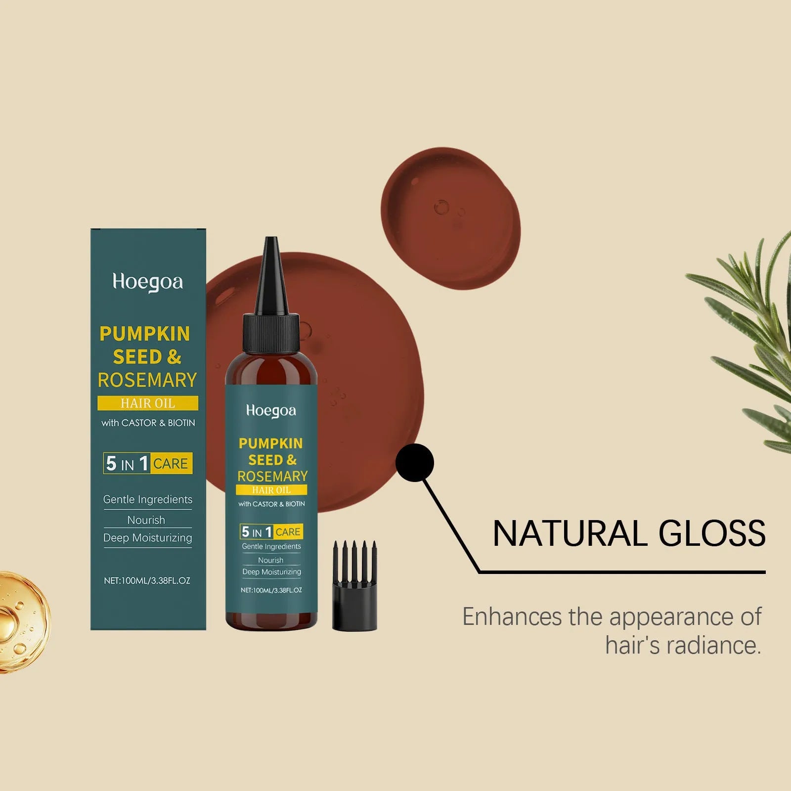 Rosemary hair oil 100ml bottle with pointed nozzle and detangling comb set