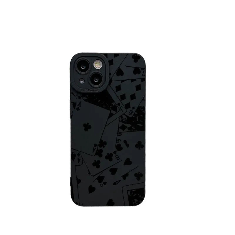 Black silicone phone case with playing cards and text design for iPhone 16 15 14 13 12 11 Pro Max