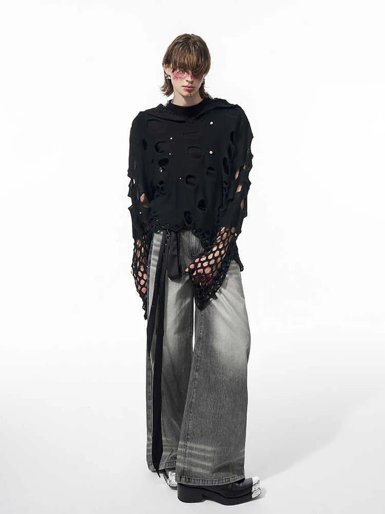 Black men's hooded sweater with pearl decoration, loose fit pullover design