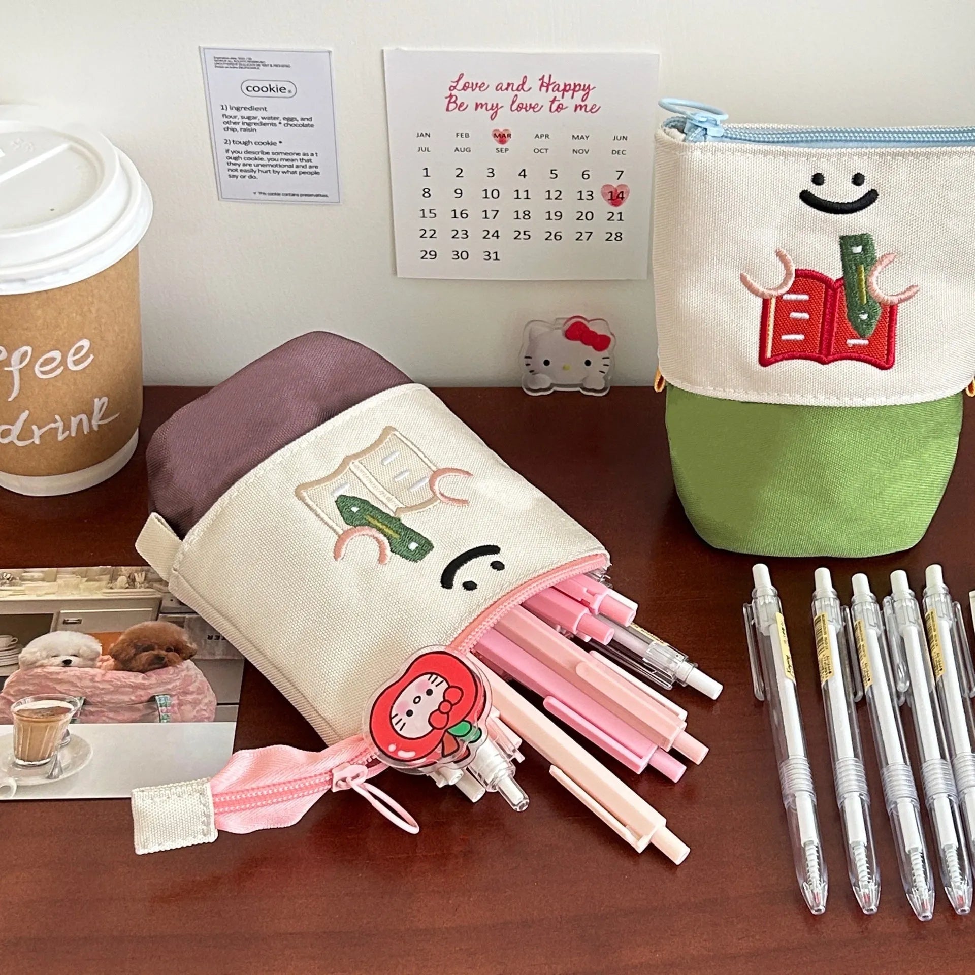 Korean-style collapsible pencil case in Oxford fabric measuring 17x14cm in brown colour