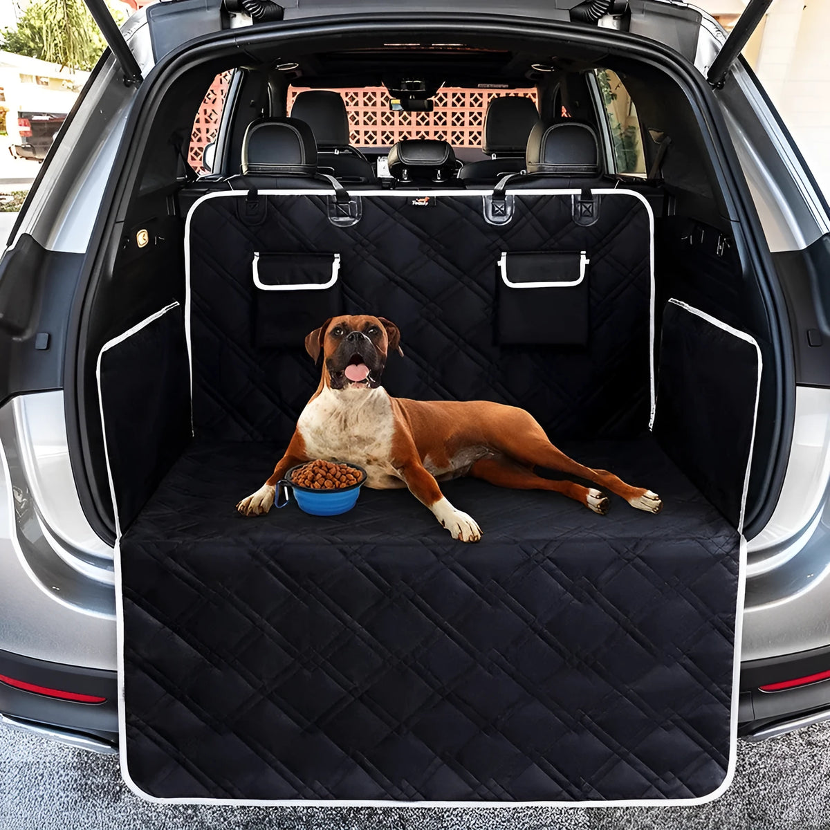 Black car trunk pet mat 185x103cm made from 600D Oxford cloth with pocket storage for dog travel