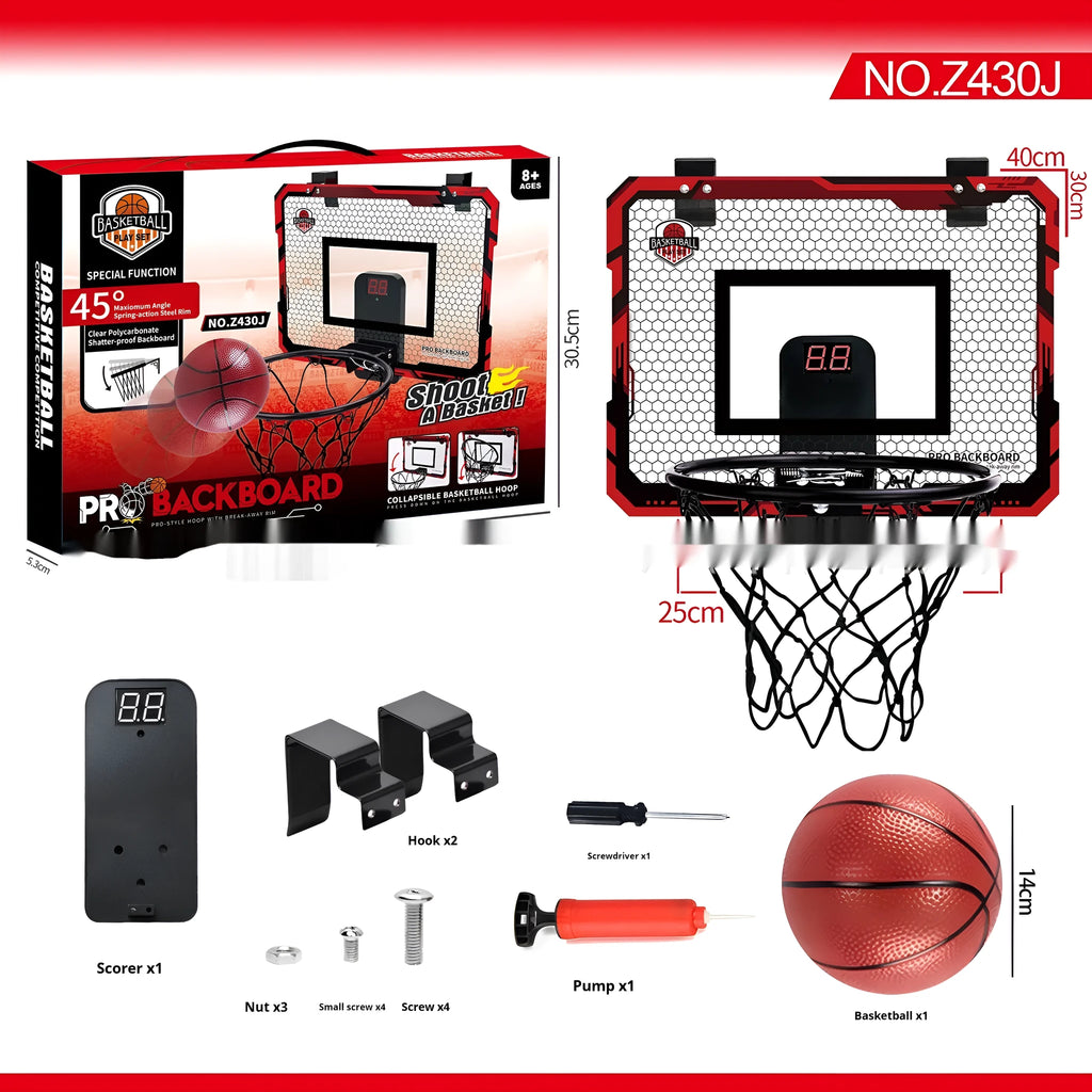 Red and blue folding basketball frame with suction cups and iron hook for dunking or ball storage.