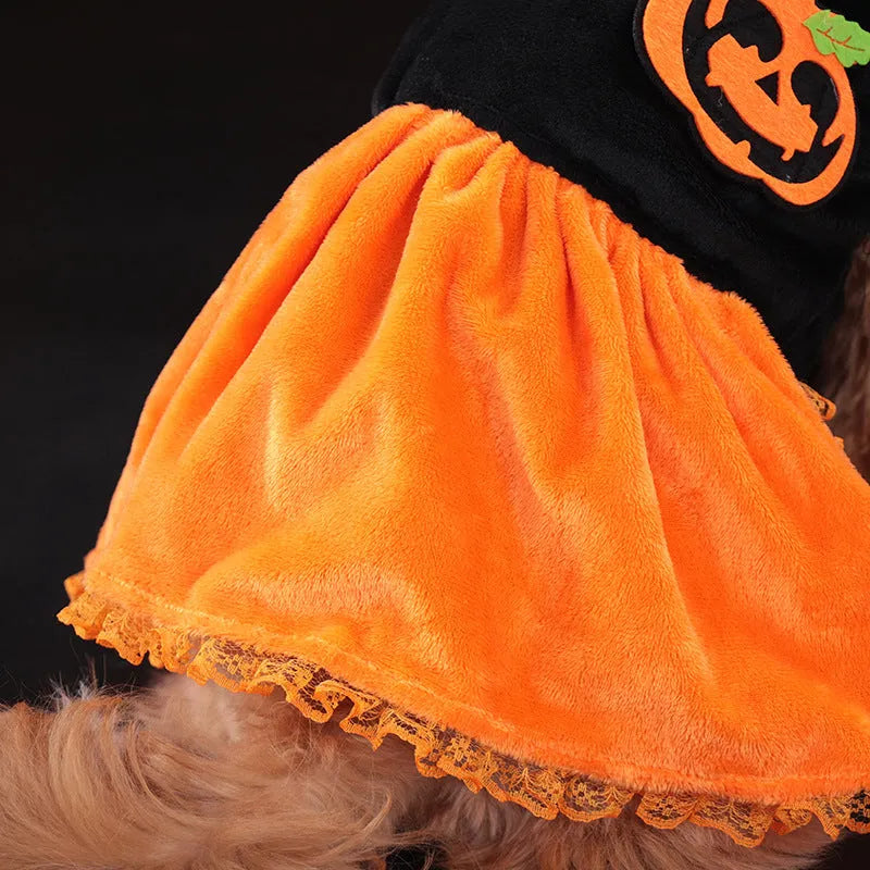Halloween pumpkin costume skirt for small dogs and cats in crystal velvet fabric