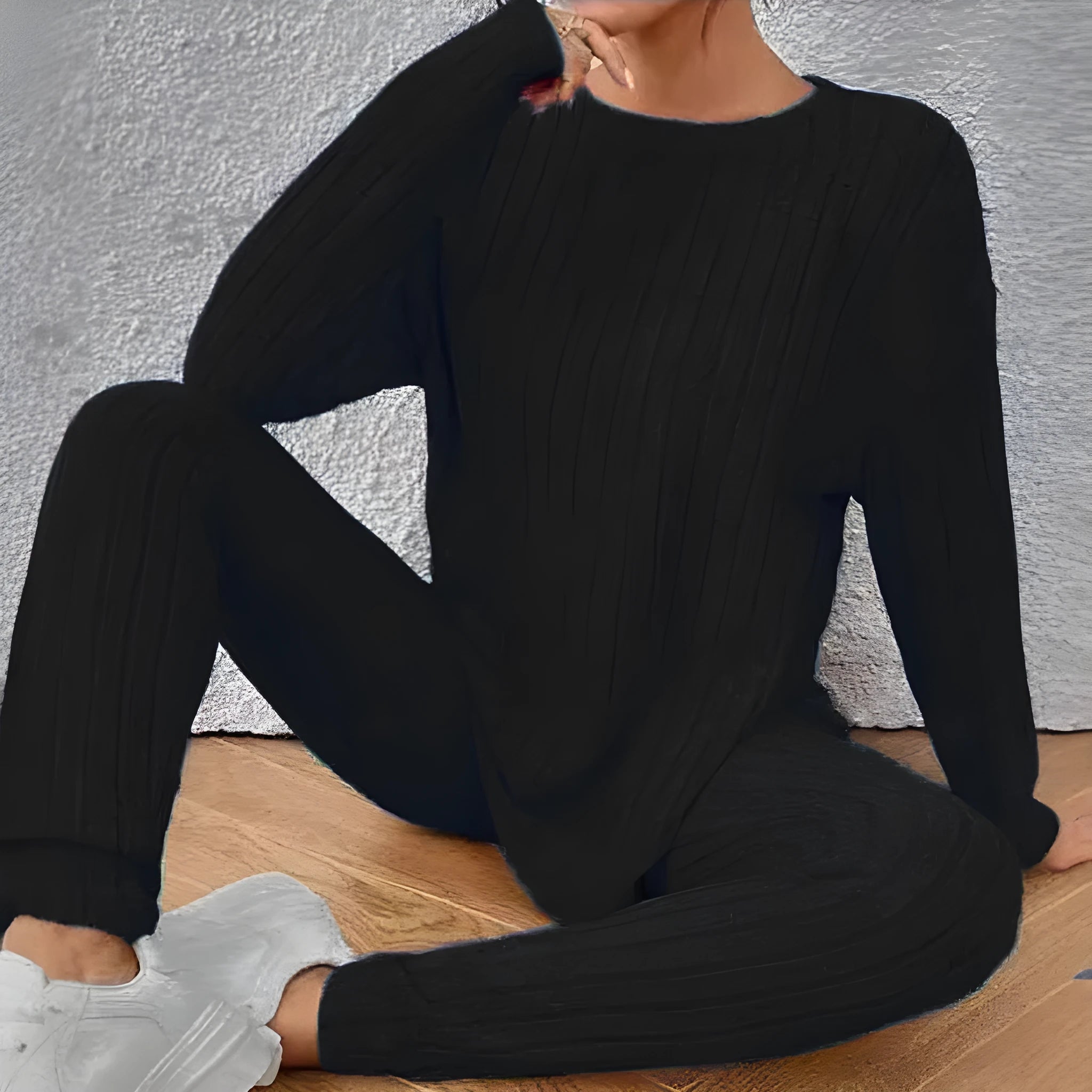 Black sunken stripe two-piece homewear set with regular sleeves and matching trousers