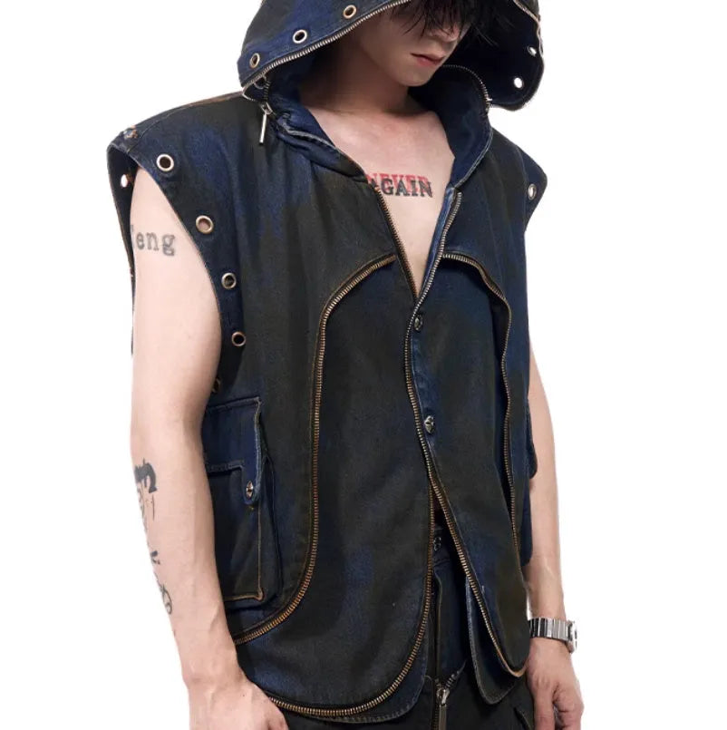 Blue hooded denim vest coat and trousers set with front zipper in Korean style