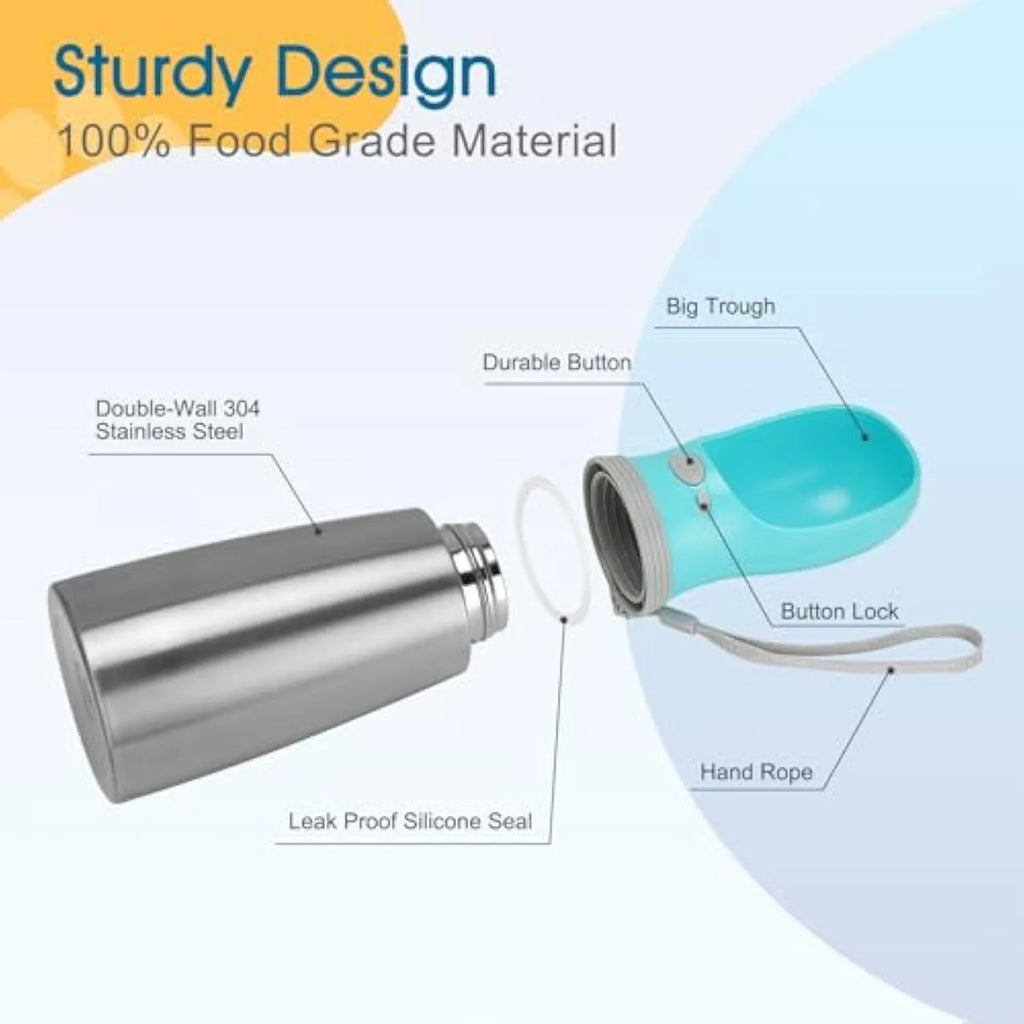 Blue 700ml stainless steel portable dog water bottle with built-in bowl and silicone drinking cup