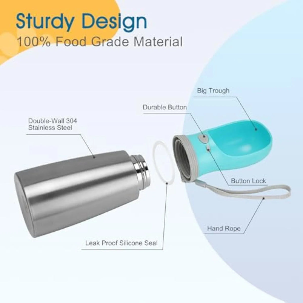 Blue 700ml stainless steel portable dog water bottle with built-in bowl and silicone drinking cup