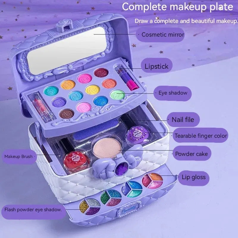 Children's pretend play makeup kit in pink suitcase with water-soluble cosmetics for ages 4-6