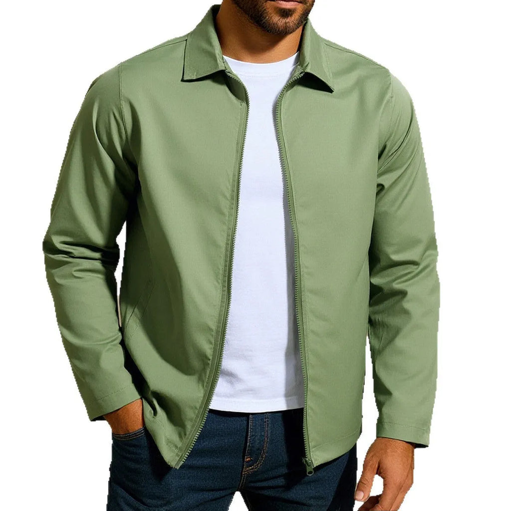 Men's zip-front cardigan jacket with raglan sleeves in emerald green, shown on a model.