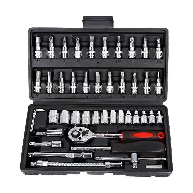 Red and black storage box containing a 53-piece socket wrench and ratchet spanner set for household maintenance