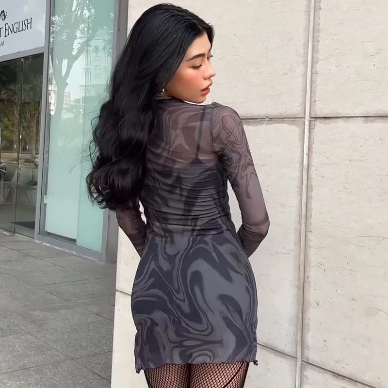 Black mesh halter print bodycon dress two-piece set with sheer long sleeve pullover top and short skirt